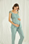 Lace Front Buttoned Maternity 3-Piece Pajama Set, Aqua Green Stylish Maternity Combination, Transparent Guipure Detailed 3-Piece Pajama Robe. - 4