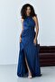 Navy Blue Halter Neck Chiffon Fabric Evening Dress with Waist Corset