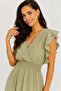 Women's Khaki Double-Breasted Collar Gipeli Waist Ruffle Sleeve Long Dress - 2