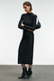 Eflour Women's Long Black Dress with Stand Collar and Drawstring Detail in Stretch Fabric - 5