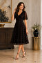 Women's Double-Breasted Collar Short-Sleeved Lycra Lined Waist-Fitted Patterned Stylish Brown Midi Evening Dress - 7