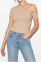 Women's Beige Asymmetrical Shoulder Cut-Out Ribbed Blouse 60382623 - 4