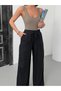 Women's Black Palazzo Trousers with Elastic Waist, Lace-Up, Pockets, Wide Legs, Long - 2