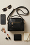 Women's Leather Look Three-Compartment Crossbody Black Hand and Shoulder Bag - 3