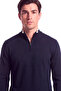 Men's Regular Fit Contrast Color Half Zipper Collar Long Sleeve Navy Blue Sweater - 2