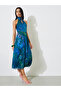 Blue Floral Print Halter Neck Sheath Midi Dress