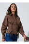 Brown Lace Up Detail Raglan Sleeve Buttoned Shirt