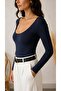 Women's Navy Blue Round Neck Long Sleeve Viscose Elastane Basic Blouse - 4