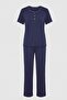 Women's Navy Blue Battal Size Lace and Button Detailed Short Sleeve Pajama Set - 4
