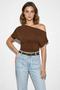 Women's Asymmetrical Waist-Fitted Viscose Bat Sleeve Brown Blouse - 2