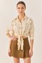 Women's Daisy Embroidered Short Viscose Butter Shirt with Tie Detail - 2