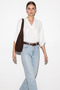 Women's High Collar V-Neck Loose Cut Bat Sleeve White Blouse - 3