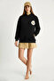 Women's Embroidered Hooded Black Sweatshirt with Kangaroo Pocket - 6