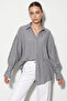 Women's Oversized Smoked Shirt with Ruffle Cuff Detail