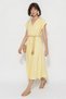 Women's Double-Breasted Collar, Elastic Waist Belt, Detailed Lined Linen Yellow Dress - 3