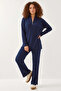 Women's Long Sleeve Navy Blue Top and Bottom Set - 6
