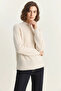 Women's Crew Neck Raglan Sleeve Knitted Patterned Soft Textured Knitwear Cream Sweater - 5