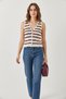 Women's V-Neck Three-Button Striped Knitwear Ecru Burgundy Vest - 3