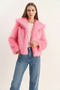 Women's Wide Collar Lined Short Faux Fur Candy Pink Jacket - 6