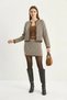 Women's Crew Neck Gold Button Detailed Houndstooth Patterned Brown Beige Suit with Mini Skirt - 4