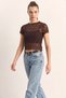 Women's Crew Neck Short Sleeve Transparent Lace Bitter Coffee Blouse - 3