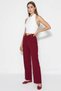 Women's Button Detailed High Waist Straight Leg Fabric Burgundy Trousers - 2