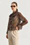Women's Drawstring Sleeve Detailed Patterned Chiffon Bitter Brown Blouse with Tie Collar - 2