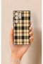 Samsung S23 Ultra Compatible Cream Plaid Patterned Silicone Case