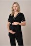 Women's Black Pajama Set with Buttons and Ribbed Sleeves for Maternity and Pregnancy - 5
