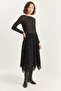 Women's Patterned Lined Asymmetrical Cut Elastic Waist Midi Black Skirt - 2