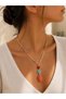 Red Blue Orange Stone Detailed Gold Yellow Bead Chain Pendant Long Necklace