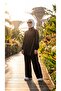 Women's Khaki Stand Collar Zippered Tunic and Striped Trousers Two-Piece Set - 4