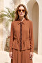 Stone Embroidered Lace-Up Shirt and Skirt Set 18974 Brown - 4