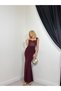Women's Bordo Fish Dress with Heart Collar, Lace Detail, Gathered Long Event Dress - 2