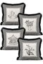 Striped Framed Set of 4 Fringed Throw Pillow Covers with Goose Carousel and Floral Illustrations
