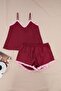 Burgundy-Pink Frilly Rope Strap Satin Shorts Woven Pajamas Set Thmss22Pt0274 - 3