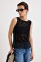 Black Floral Regular Fit Boat Neck Tassel Lace Flexible Knitted Blouse Twoss26Bz00922 - 2