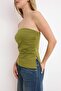 Yağ Yeşili Pamuk Straplez Büzgü/Drape Detaylı Örme Bluz TWOSS25BZ00484 - 3