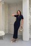 Women's Navy Blue Glitter Lined Short Sleeve Summer Fabric Long Elegant Knitwear Dress (S/M) - 3