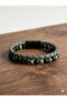 Men's Genuine Leather and Natural Stone Magnet Clip Double Combination Bracelet - 5