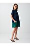Navy Blue 100% Cotton Crew Neck Color Block Mini Dress - 2