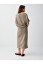 Beige Melange Boat Neck Gathered Off-Shoulder Knit Midi Dress - 5