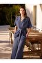 Navy Blue Straight Cut Open Collar Elbow Sleeve Long Woven Shirt - 2