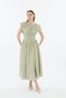 Women's Green Wide Bell-Bottom Skirt with Drawstring Waist Design, Short Sleeves, Fitted at the Waist, Pinterest Chic Equivalent Midi Dress. - 6