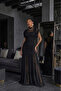 Black Tulle Detailed Draped Dress - Long Evening Dress with Fish Cut Chiffon Skirt - 4