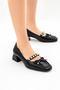 Women's Black Patent Leather Pearl Detailed Bowknot K Block Heel U Shoes Vdz02009