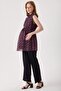 Maternity Plum Sleeveless Shawl Patterned Blouse, Chiffon Fabric with Inner Lining, Waist Tie, Collar Button and Zipper Detail. - 6
