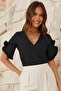 Women Black V Neck Ruffled Short Sleeve Blouse Arm-25Y001090