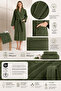 Striped Women's Bathrobe Set 100% Certified Cotton 2 Pieces, Shawl Collar Bathrobe + Head Towel - Dark Green - 5