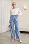 Wide Leg Jeans with Elastic Waist and Lace Detail - Ice Blue - 2